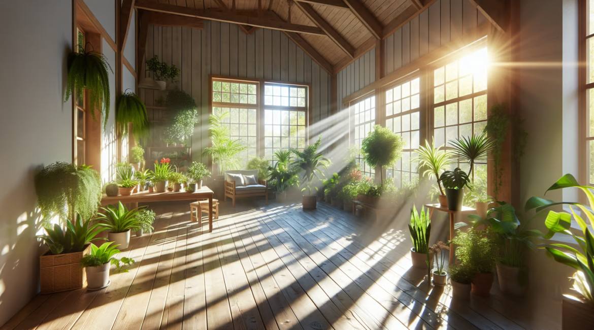 The image showcases a tranquil home setting in Delaware, with rays of sunlight streaming through the open windows, illuminating a lush array of indoor plants, which are known to purify the air, promoting a serene and healthy environment.