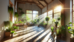 The image showcases a tranquil home setting in Delaware, with rays of sunlight streaming through the open windows, illuminating a lush array of indoor plants, which are known to purify the air, promoting a serene and healthy environment.