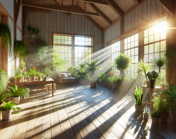 The image showcases a tranquil home setting in Delaware, with rays of sunlight streaming through the open windows, illuminating a lush array of indoor plants, which are known to purify the air, promoting a serene and healthy environment.