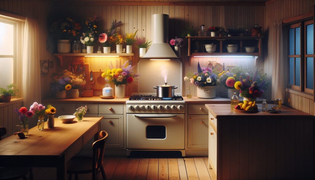 A cozy, well-lit kitchen with fresh flowers on the counter and a simmering pot on the stove emits an inviting, homely warmth; yet, a small, unobtrusive diffuser in the corner hints at the hidden battle against common household odors. This serene and clean setting teases the secrets to a fresh-smelling home, enticing readers to learn more.